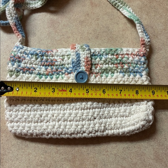 New Handcrafted Crochet Ivory With Blue/Pink/Green Crossbody Tote Bag - Picture 5 of 8